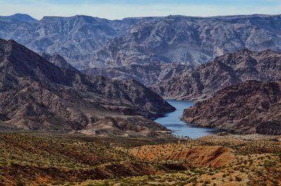 Scenic view of lake and mountains against sky