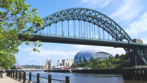 View of bridge over river against cloudy sky