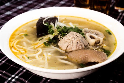 Close-up of soup in bowl on table