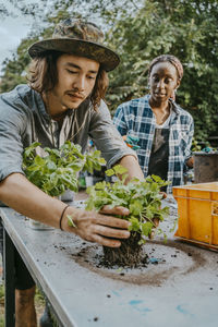 Male environmentalist planting with woman in urban farm