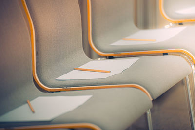 High angle view of empty seats on table