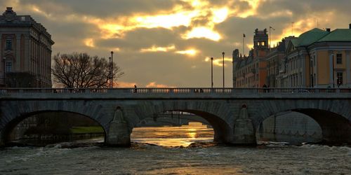 Bridge over river with buildings in background