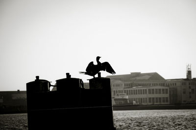 Silhouette bird perching on boat against clear sky