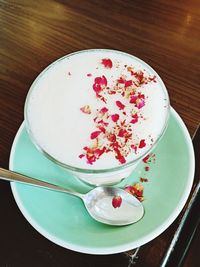 High angle view of dessert in plate on table