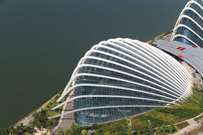 High angle view of modern building against sky