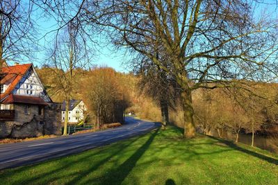 Road amidst trees and houses against sky