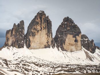 The popular tre cime di lavaredo. the most famous peaks in the italian dolomites, spring afternoon