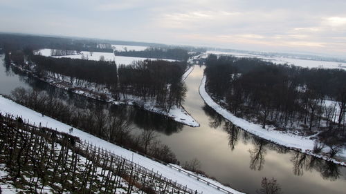 Scenic view of lake by trees against sky