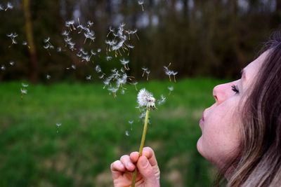 Portrait of woman holding dandelion flower