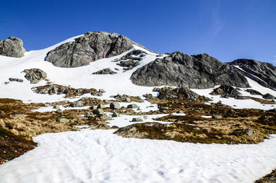 Scenic view of snowcapped mountains against blue sky