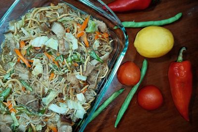 High angle view of fruits and vegetables on table
