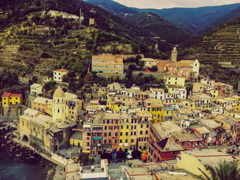 High angle view of houses in city