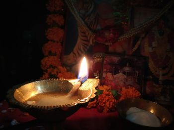 Lit tea light candles in temple