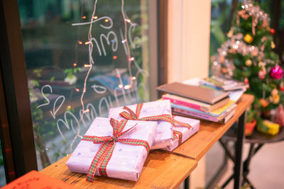 Christmas decorations on table at home