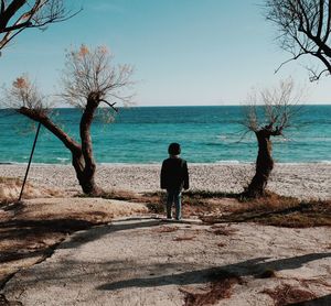 Rear view of people looking at sea against clear sky