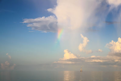 Scenic view of rainbow over sea against sky