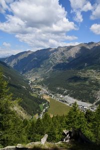 View from above of mountain peaks and valley in aosta valley, italian alps