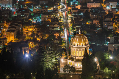 High angle view of lit up at night. moshava germanit, haifa, israel.