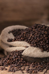 Close-up of roasted coffee beans on wooden table