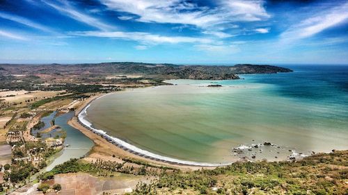 High angle view of bay against sky