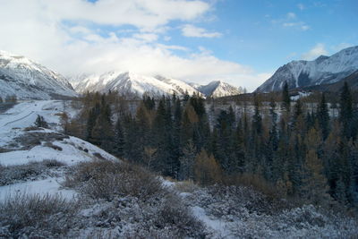 Scenic view of snowcapped mountains against sky