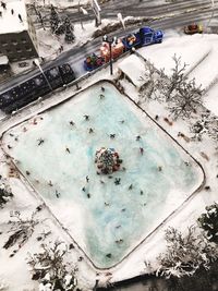 High angle view of snow covered plants in city