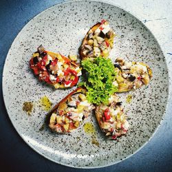 High angle view of food served in plate