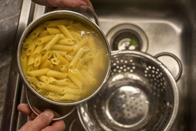 High angle view of person preparing food in kitchen