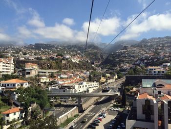High angle view of buildings in city against sky