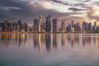 Panoramic view of modern buildings in city against sky