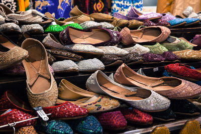 Full frame shot of colorful shoes at market