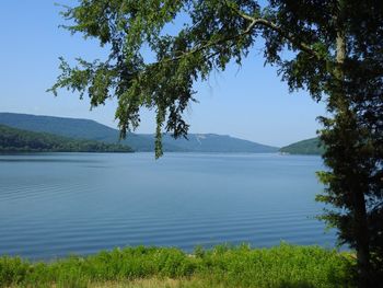 Scenic view of lake against clear blue sky