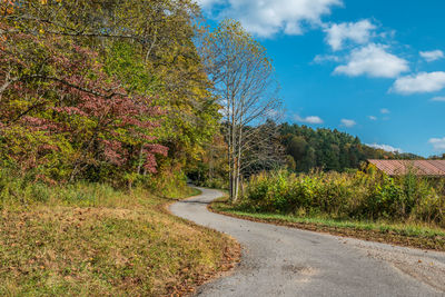 Road amidst trees against sky during autumn