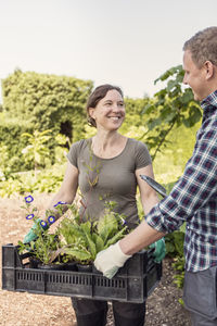 Happy woman talking to man while carrying plant crate at community garden