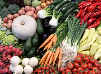 High angle view of tomatoes and vegetables in market