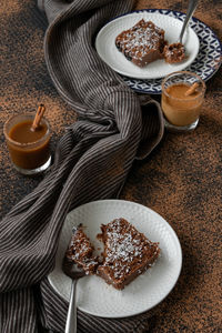 High angle view of breakfast served on table