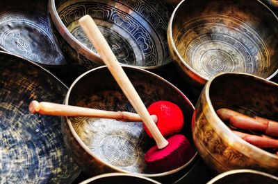 Singing bowls in the market stall of kathmandu, nepal