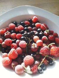 High angle view of strawberries in bowl on table