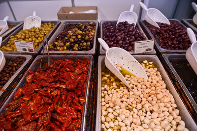 High angle view of various pickles for sale in shop