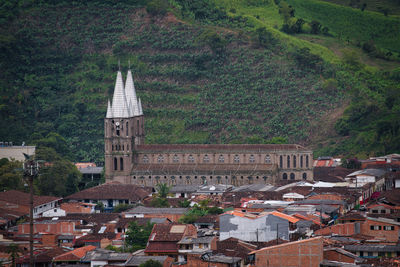 High angle view of buildings in city