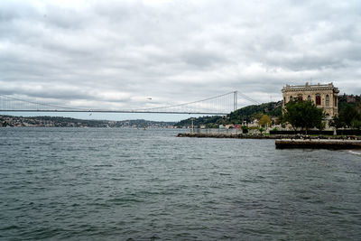 Bridge over river in city against sky