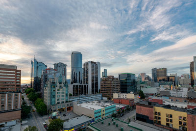 High angle view of buildings in city against sky
