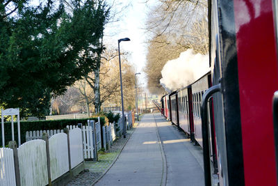 Train on street amidst trees against sky