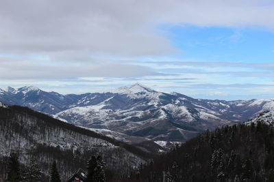 Scenic view of snowcapped mountains against sky