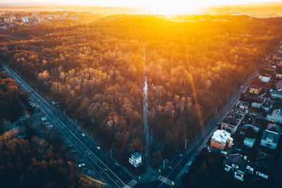 Aerial view of trees and cityscape at sunset