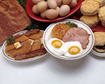 High angle view of breakfast served on table