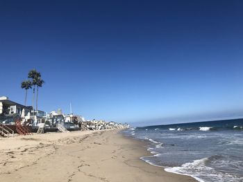 Panoramic view of beach against clear blue sky