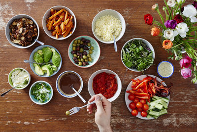 High angle view of chopped vegetables on table