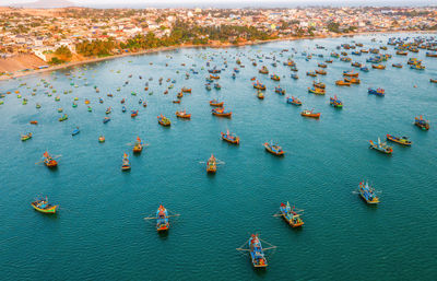 High angle view of boats in sea