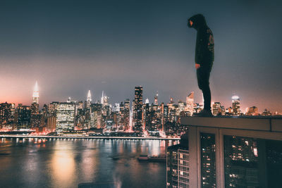 View of city lit up at night